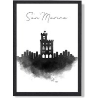 ARTZE San Marino Watercolour Skyline City Framed Print SIZE: A2 with Black Frame | Size: A4