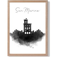 ARTZE San Marino Watercolour Skyline City Framed Print SIZE: A3 with Oak Frame in Black | Size: A4