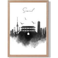 ARTZE Seoul Watercolour Skyline City Framed Print SIZE: A2 with Oak Frame in Black | Size: A4