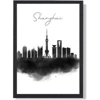 ARTZE Shanghai Watercolour Skyline City Framed Print SIZE: A2 with Black Frame