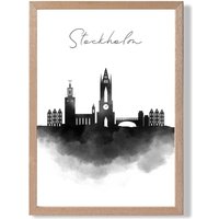 ARTZE Stockholm Watercolour Skyline City Framed Print SIZE: A4 with Oak Frame in Black