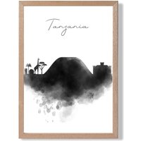 ARTZE Tanzania Watercolour Skyline City Framed Print SIZE: A4 with Oak Frame in Black