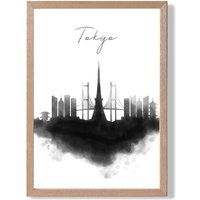 ARTZE Tokyo Watercolour Skyline City Framed Print SIZE: A4 with Oak Frame in Black | Size: A2