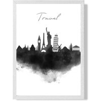 ARTZE Travel Watercolour Skyline City Framed Print SIZE: A4 with White Frame in Black | Size: A2