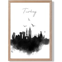 ARTZE Turkey Watercolour Skyline City Framed Print SIZE: A4 with Oak Frame in Black | Size: A3