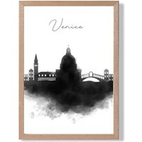 ARTZE Venice Watercolour Skyline City Framed Print SIZE: A4 with Oak Frame in Black | Size: A2