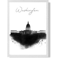 ARTZE Washington Watercolour Skyline City Framed Print SIZE: A2 with White Frame in Black | Size: A4