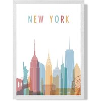 ARTZE New York Colourful City Skyline Framed Print SIZE: A4 with White Frame in Pale Blue