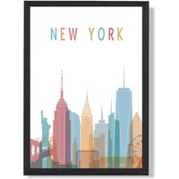 ARTZE New York Colourful City Skyline Framed Print SIZE: A3 with Black Frame in Pale Blue