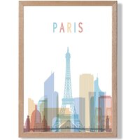 ARTZE Paris Colourful City Skyline Framed Print SIZE: A2 with Oak Frame in Pale Blue | Size: A4
