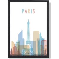 ARTZE Paris Colourful City Skyline Framed Print SIZE: A2 with Black Frame in Pale Blue | Size: A3