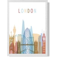 ARTZE London Colourful City Skyline Framed Print SIZE: A4 with White Frame in Pale Blue
