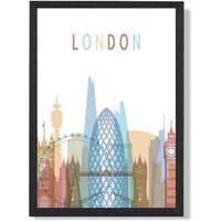ARTZE London Colourful City Skyline Framed Print SIZE: A2 with Black Frame in Pale Blue | Size: A3