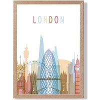 ARTZE London Colourful City Skyline Framed Print SIZE: A3 with Oak Frame in Pale Blue