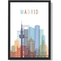 ARTZE Madrid Colourful City Skyline Framed Print SIZE: A4 with Black Frame in Pale Blue