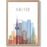 ARTZE Madrid Colourful City Skyline Framed Print SIZE: A2 with Oak Frame in Pale Blue