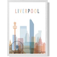 ARTZE Liverpool Colourful City Skyline Framed Print SIZE: A3 with White Frame in Pale Blue | Size: A2