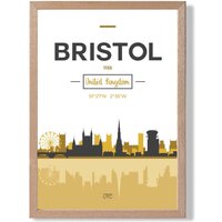 ARTZE Bristol Yellow & Black City Skyline Framed Print SIZE: A3 with Oak Frame | Size: A4