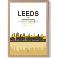 ARTZE Leeds Yellow & Black City Skyline Framed Print SIZE: A4 with Oak Frame | Size: A3