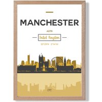 ARTZE Manchester Yellow & Black City Skyline Framed Print SIZE: A4 with Oak Frame | Size: A3