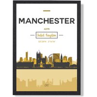 ARTZE Manchester Yellow & Black City Skyline Framed Print SIZE: A3 with Black Frame | Size: A2