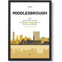ARTZE Middlesbrough Yellow & Black City Skyline Framed Print SIZE: A4 with Black Frame | Size: A2