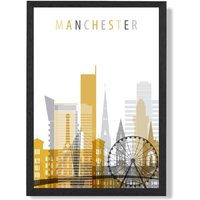 ARTZE Manchester Yellow & Grey City Skyline Framed Print SIZE: A2 with Black Frame | Size: A4