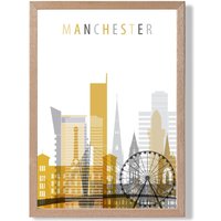 ARTZE Manchester Yellow & Grey City Skyline Framed Print SIZE: A2 with Oak Frame | Size: A4