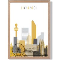 ARTZE Liverpool Yellow & Grey City Skyline Framed Print SIZE: A3 with Oak Frame | Size: A4