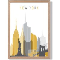 ARTZE New York Yellow & Grey City Skyline Framed Print SIZE: A2 with Oak Frame | Size: A3