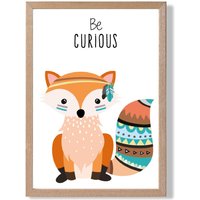 ARTZE Be Curious Fox Tribal Animal Quote Framed Print SIZE: A3 with Oak Frame in Orange