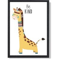 ARTZE Be Kind Giraffe Tribal Animal Quote Framed Print SIZE: A3 with Black Frame in Yellow