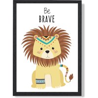 ARTZE Be Brave Lion Tribal Animal Quote Framed Print SIZE: A4 with Black Frame in Yellow | Size: A2