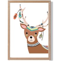ARTZE Peeking Deer Tribal Animal Framed Print SIZE: A2 with Oak Frame in Brown