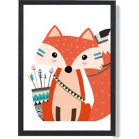 ARTZE Sitting Red Fox Tribal Animal Framed Print SIZE: A3 with Black Frame | Size: A4