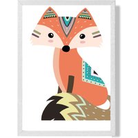 ARTZE Sitting Orange Fox Tribal Animal Framed Print SIZE: A2 with White Frame