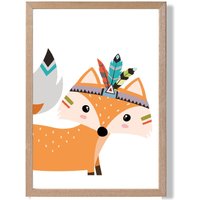 ARTZE Peeking Orange Fox Tribal Animal Framed Print SIZE: A4 with Oak Frame | Size: A2