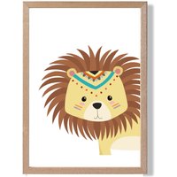 ARTZE Peeking Lion Tribal Animal Framed Print SIZE: A2 with Oak Frame in Yellow