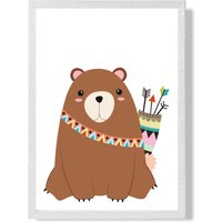 ARTZE Bear Tribal Animal Framed Print SIZE: A3 with White Frame in Brown