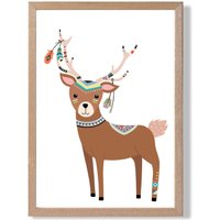 ARTZE Deer Tribal Animal Framed Print SIZE: A2 with Oak Frame in Brown