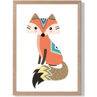 ARTZE Orange Fox Tribal Animal Framed Print SIZE: A4 with Oak Frame | Size: A2