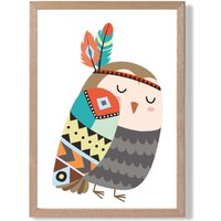 ARTZE Owl Tribal Animal Framed Print SIZE: A4 with Oak Frame in Grey