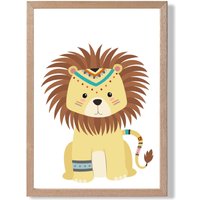 ARTZE Lion Tribal Animal Framed Print SIZE: A3 with Oak Frame in Yellow