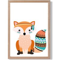 ARTZE Orange Fox Tribal Animal Framed Print SIZE: A3 with Oak Frame | Size: A4
