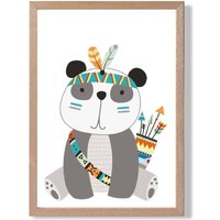 ARTZE Panda Tribal Animal Framed Print SIZE: A2 with Oak Frame in Grey | Size: A4