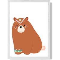 ARTZE Crouching Bear Tribal Animal Framed Print SIZE: A2 with White Frame in Brown