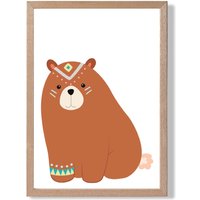ARTZE Crouching Bear Tribal Animal Framed Print SIZE: A3 with Oak Frame in Brown | Size: A2