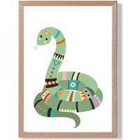 ARTZE Snake Tribal Animal Framed Print SIZE: A2 with Oak Frame in Pale Green