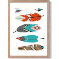ARTZE Tribal Feathers Framed Print SIZE: A3 with Oak Frame in Bright Blue