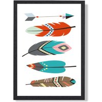 ARTZE Tribal Feathers Framed Print SIZE: A3 with Black Frame in Bright Blue | Size: A2